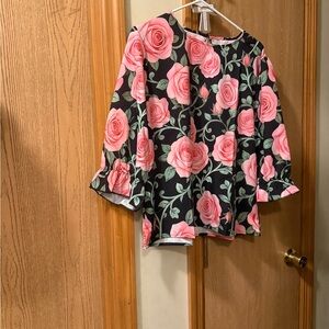 SHEIN Black Blouse with Pink Rose Print